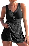 PANOZON Damen Spitze Tankini Beachwear Push Up Einfarbig Badeanzug Brazilian Plus Size Swimsuit Aschwarz XL