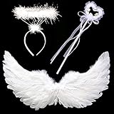 WIWJ 60CM Engel Flügel mit Halo Stirnband und Zauberstab,Weiß Engelsflügel Party Kostüm,Federflügel Engels Flügel Kostüm für Halloween Karneval Amor Cosplay Party Fasching Kostüme Deko