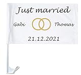Autofahne Hochzeit mit Namen personalisiert Autoflagge Wunschname Heirat Just Married 1