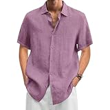 Herren-Hemd, kurzärmelig, Baumwolle, Leinen, lockere Passform, einfarbig, Button-Down-Shirt, lässig, einfarbig, Strand, Sommer, Pink, Mittel
