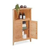 Relaxdays Eckschrank, Bambus, HxBxT: 92 x 58 x 30 cm, Badschrank mit 2 Lamellentüren, Eckkommode für Bad & Küche, Natur, Faserplatte