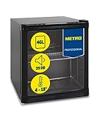 METRO Professional Mini-Kühlschrank GPC1046 mit Glastür - aus Glas und Edelstahl - für Zimmer Büro - für Getränke Snacks Kosmetik - Minibar - 43x48x51.5cm - 46L - Umluftkühlung - Schwarz