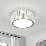 FORCOSO Kristall Deckenleuchte 4 Flammig ø30cm, Kronleuchter Chrom mit Metall Rund Rahmen Lampenschirm, Sockel G9 Deckenlampe, Moderne Ceiling Light Lampe für Schlafzimmer Wohnzimmer Küche Flur