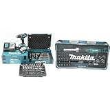 Makita DHP482JX13 Akku-Schlagbohrschrauber 18V / 3,0 Ah, 2 Akkus + Ladegerät im MAKPAC + 120-tlg. Zubehör-Set im MAKPAC Petrol/Schwarz & Ratschen und Bit-Set 47-teilig, B-36170, Mehrfarbig