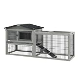 PawHut Hasenstall 2 Ebenen Kaninchenstall aus Tannenholz Winterfest Doppelstockhaus mit Freilaufgehege Rampe 150x52x68 cm Kaninchenkäfig Outdoor Kleintierstall für Hasen Kaninchen Meerschweinchen Grau