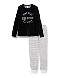 Sanetta Mädchen Pyjama Long Moon Grey Kuschelweicher Nicki-Schlafanzug Anthrazit mit geringelter Hose, grau, 140