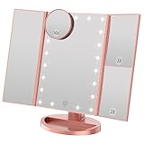 WEILY Schminkspiegel mit Beleuchtung, Faltbarer Kosmetikspiegel mit 3X/2X/1X Vergrößerung, 21 natürliche LED Lichter, Batteriebetrieben Order USB Aufladen dimmbarer Makeup Mirror (Rosengold)
