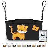 GRINSEZWERGE Kinderwagen Organizer – Premium Kinderwagentasche verschließbar I Kinder Buggy Tasche mit Feuchttuchspender I Baby Stroller Bag Grau I Aufbewahrungstasche (Theo Tiger (schwarz))