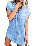 Zilcremo Jeanskleid Damen Sommer Kurzarm Button Down Kurz Denim Kleid Blusenkleid Hemdkleid Sommerkleid Blau XXL