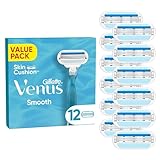 Gillette Venus Smooth Damenrasierer Ersatzklingen, Set von12, mit 3 sich der Körperkontur anpassenden Klingen, umgeben von Schutzkissen