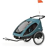 hauck 2in1 Fahrradanhänger & Buggy für 2 Kinder ab 6 Monaten bis 120 cm oder 22 kg Dryk Duo inkl. Deichsel, Kupplung, Buggyrad, Wimpel & Rücklicht, Zusammenklappbar, XL Kofferraum (Petrol)