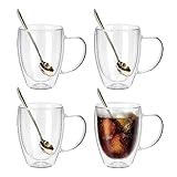 JNSMFC Doppelmauerte Glas Kaffeetassen mit 4 Löffel, 350 ml Set von 4 isolierten Glaskaffeetassen mit Griff, klare Kaffeetassen für Cappuccino, Espresso, Latte, Tee, hitzebeständige Brille zum Trinken