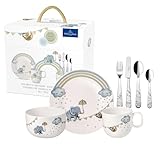 Villeroy & Boch – Boho kids Walk like an elephant Kindergeschirr Set 7tlg., Kindergeschirr Porzellan und Edelstahl Besteck, Geschirrset für Kinder, spülmaschinenfest, mikrowellensicher, mehrfarbig