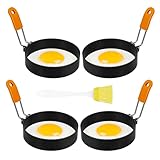 Lvefyti 4 Stück 3,9 Zoll Groß Eierringe Edelstahl Eier Maker, Spiegeleiform Ei Ring, Antihaft Eierformer für Bratpfanne Egg Ring Runde Pfannkuchen/Omeletts mit Silikon Klappgriffen und Ölpinsel