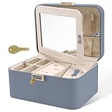 KAMIER Schmuckkästchen mit Spiegel und Schloss, 2-stöckige luxuriöse und geräumige Schmuckschatulle aus hochwertigem Flanell für Damen, Ringe, Ohrringe, Armbänder und Halsketten, Blaugrau