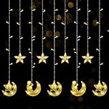 Riakrum 2 Stück Eid Mubarak Lichtervorhang Lichter 3 m Stern Mond Betende Figur Lichterkette LED Fenster Stern Lichter für Ramadan Heimdekoration Geschenke Hochzeit Weihnachten Party Indoor Urlaub