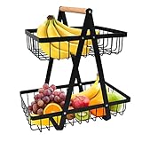 ANNTIM 2 Stockig Obstkorb Etagere, Obstschale Etagere mit Holzgriff, Obst Etagere 2 Stöckig, Metall Schwarz Obstschalen mit Griff für Obst, Gemüse, Snacks zu Hause, Küche, Büro, mit Schraubendreher