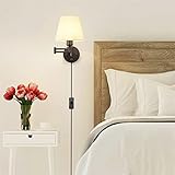 Industrielle Wandleuchten mit Schwenkarm und An/Aus-Drehschalter, verstellbare beige-weiße Stoffschirme, E27, Innen-/Schlafzimmerlampe, 2er-Set