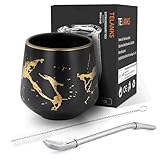 TELANKS Modernes Mate Becher 200 ml, Keramik Yerba Mate Becher, Marmor Mate Tee Tasse, Yerba Mate Tee Set + Mate Bombillas (Strohhalm) und eine Reinigungsbürste (Schwarz)