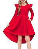 Arshiner Rotes Kleid Mädchen Festliches Langarmkleid Kinder Herbst Winter Partykleid Weihnachten Festkleid Kinderkleid Rüschenkleid mit Tasche 140/9-10 Jahre