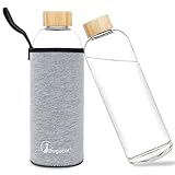 Bugucat Glasflasche 1 Liter, Trinkflasche 1l Glas aus Borosilikat Glas mit Schutzhülle, Auslaufsichere Wasserflasche Glas für kalten Heiß Getränken,Glasflasche Karaffe für Büro Schule Sport,Grau