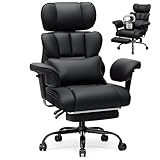 HOFFREE Ergonomischer Bürostuhl für schwergewichtige Personen bis 200kg – PU Leder Chefsessel mit Fußstütze, Hoher Rückenlehne, Verstellbaren Armlehnen und Lendenwirbelstütze in Schwarz