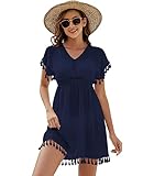 Onfettic Damen Strandkleid Sommer Badeanzug Strandtunika Chiffon Strandponcho Sommerkleider Bikini Cover mit V-Ausschnitt (Blau, L)