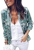 ECOWISH Damen Casual Jacke Blumenmuster Langarm Bomberjacke Reißverschluss Stehkragen Outwear Kurz Coat Herbst Frühling Grün L