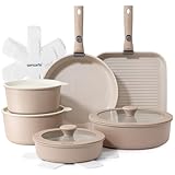 SENSARTE Keramik Topfsets Pfannenset 17 Teiliges, Antihaft Kochgeschirr mit Abnehmbarem Griff, Für alle Herdarten geeignet, Spülmaschinenfest, Ofenfest, PFAS PTFE PFOA PFOS Frei (Beige）