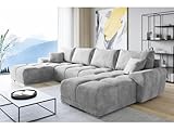 ML Furniture Velvet Ecksofa in U-Form – Hellgrau Sofa – Couch mit Stauraum und Kissen - Ausziehbares Schlafsofa – Sofa mit Schlaffunktion - Schlafsofa mit Bettkasten – Gästebett – 365 x 189 cm