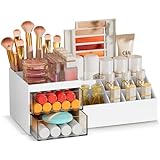 Subsky Make up Organizer mit Schubladen, Multifunktion Schminktisch Organizer Einfache Aufbewahrung für Make-Up Pinsel Wattepads, Schreibtisch Organizer für Dresser Skincare Weiß