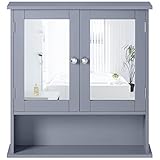 Yaheetech Spiegelschrank, Badschrank, Hängeschrank mit Spiegeltür, Badezimmerspiegel Wandschrank mit 3 Ablagen 56 cm x 13 cm x 58 cm Grau