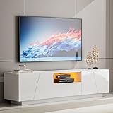 KZNGK TV Schrank Hochglanz mit LED Beleuchtung, TV Lowboard für Fernseher bis zu 70 Zoll,Fernsehtisch mit Schrank und Schublade, Fernsehschrank für Wohnzimmer Schlafzimmer,160 x 40 x 35cm (Weiß)