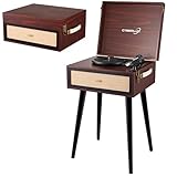 Plattenspieler mit Ständer Retro Schallplattenspieler mit Full Range Lautsprecher Bluetooth FM Radio USB Line-Out AUX IN Micro SD Slot Turntable Vinyl Nostalgie Kofferplattenspieler mit Standfüßen