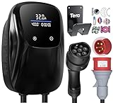 Tera EV Ladegerät mit Reservierung 32A Typ 2 22KW Heim Ladestation 400V Wallbox 7m Ladekabel CE & TÜV Zertifiziert mit Kabelhalter und 1m CEE 3-Phasen-Stecker alle EVs und PHEVs Modell W02 Schwarz