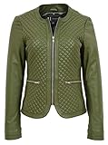 A1 FASHION GOODS Kragenlose Lederjacke für Damen, Kreuzstich-Design, Farben: Schwarz, Olivgrün, Rot, Hellbraun, Weiß, Anna, olivgrün, 36