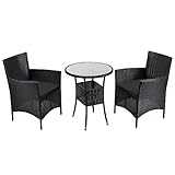 Juskys Polyrattan Balkon Set Bayamo 2 Personen - Tisch mit Glasplatte & 2 Stühlen - Wetterfeste Balkonmöbel - Auflagen waschbar - schwarz - grau