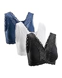 Basic Treasure 3er Pack Seamless Komfort BH mit Reißverschluss, BH ohne Bügel Vorderverschluss, Starker Halt Bustier (XXL, Weiß/Schwarz/Blau)