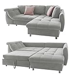 Ecksofa mit Schlaffunktion und Bettkasten B250/T190/H84 cm, Wellenunterfederung und Komfortschaum, Longchair Ottomane rechts, Bezug Mikrofaser in Grau, 2 Zierkissen Rosé / 17001