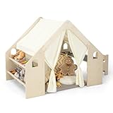 FANTASK 6-IN-1 Spielzelt Holz mit Kindertisch & Stuhl & Kinderregal, Kinderspielhaus mit Matte | Tafel | Aufbewahrungsboxen | Kreidebox, Kinderzelt Spielhaus Indoor für Kinder ab 2 Jahren(Mit 6 Boxen)