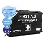 KFZ-Verbandtasche 2024 [EUROPAWEIT GÜLTIG] gemäß StVZO | aktuelle DIN 13164:2022 ZERTIFIZIERT | inkl. 2 med. Gesichtsmasken | Erste Hilfe Set/Kasten/Verbandskasten Auto/PKW/Motorrad | Schwarz