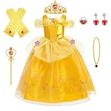 BSBUY Belle Kostüm Kinder Mädchen, 7Pcs Kleid Kinder mit Krone Schmuck Handschuhe Zauberstab Halskette und Ringe Princess Costume für Verkleidung Karneval Halloween Geburtstag Prinzessin Dress Up(140)