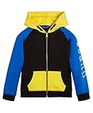 GUESS Boys' Eco French Terry Color Block Logo Zip Front Hoodie, Blaue Und Gelbe Kombination, 5 Jahre