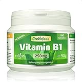 Vitamin B1 Hochdosiert - B 1 Vitamin 250mg pro Tag (180 vegane Tabletten) - Thiamin - B1 essentiell für Nervensystem und Energie - ohne Zusätze, Gentechnik, laborgeprüft - Greenfood