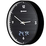 Bresser MyTime Wanduhr mit Funk ohne Tickgeräusche mit 24 cm großem Ziffernblatt, LED  Sekundenanzeige, Innentemperatur und geräuschlosem Funkuhrwerk, schwarz