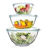 WhiteRhino Glas Rührschüssel mit Deckel, 3er-Set (4,2L, 2,5L, 1L), Große Rund Salatschüsseln für die Küche,Salatschüssel mit Deckel, Kochen,Backen,Vorbereiten, spülmaschinenfes