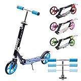 Arebos Cityroller Tretroller Grün Scooter höhenverstellbar | klappbar | inkl. Traggurt | XXL Räder | Tritt-Bremse | für Kinder und Erwachsene | bis 100kg belastbar | Kickroller | Kickscooter | Blau