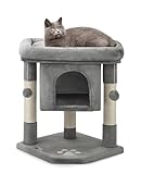 lionto Kratzbaum für Katzen mit Höhle & 2 Plüschballen inkl. Glöckchen, Höhe 60 cm, Katzenbaum mit robustem Sisalseil & weichem Plüsch, gemütliche Liegefläche, für kleine & große Katzen, dunkelgrau