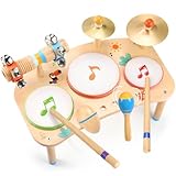 OATHX 11 in 1-Schlagzeug für Kinder ab 1 Jahr Musikinstrumenten-Set aus Holz, Baby-Schlagzeug mit Handgelenksglocken für Kleinkinder Geschenke zum 1. Geburtstag für Jungen und Mädchen Musikspielzeug
