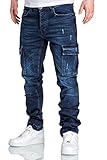 Amaci&Sons Herren Cargo Jeans Regular Slim Denim Hose Destroyed 7985 Dunkelblau W32/L32